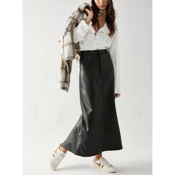 🎉LAST CHANCE🎉 FREE PEOPLE City Slicker Vegan Maxi Skirt / Black - Picture 2 of 7